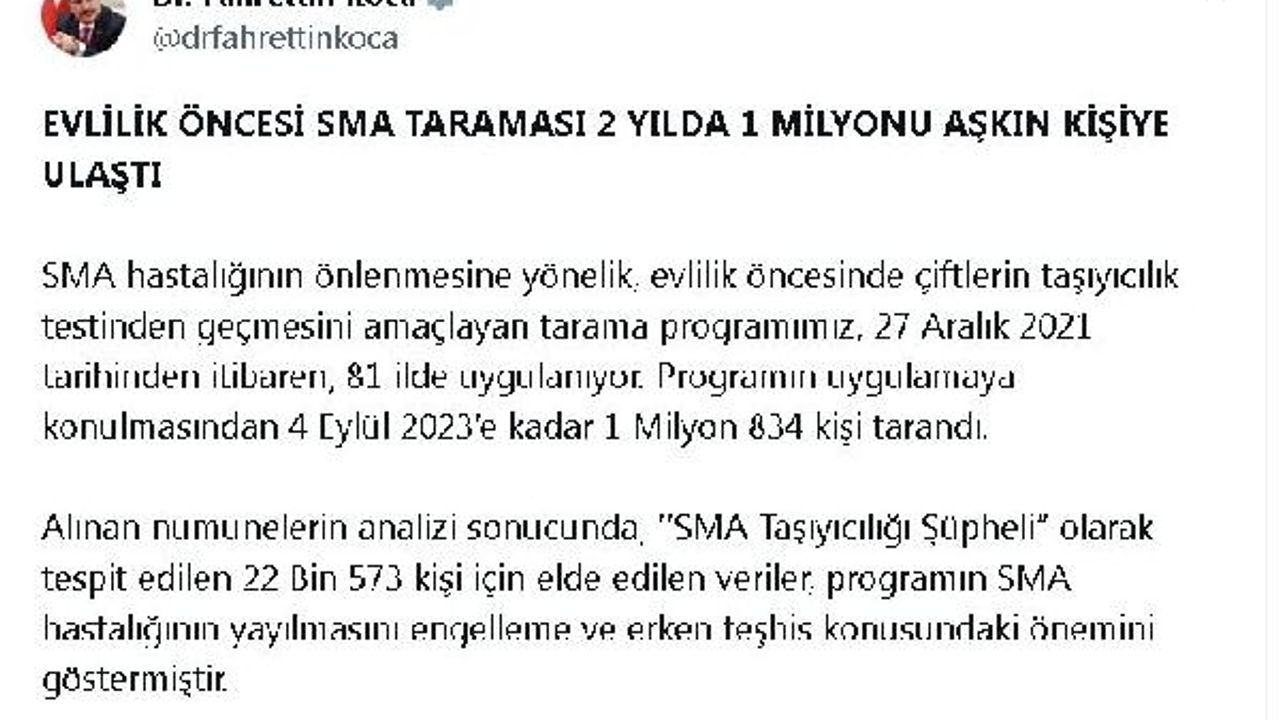 1,8 milyon kişi evlilik öncesi SMA taramasından geçti